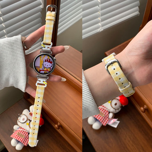 适用三星watch 8手表真皮表带Watch 7 Utra可爱KT猫格纹6/5/4/3 classic简细款女新款表带active透气替换带