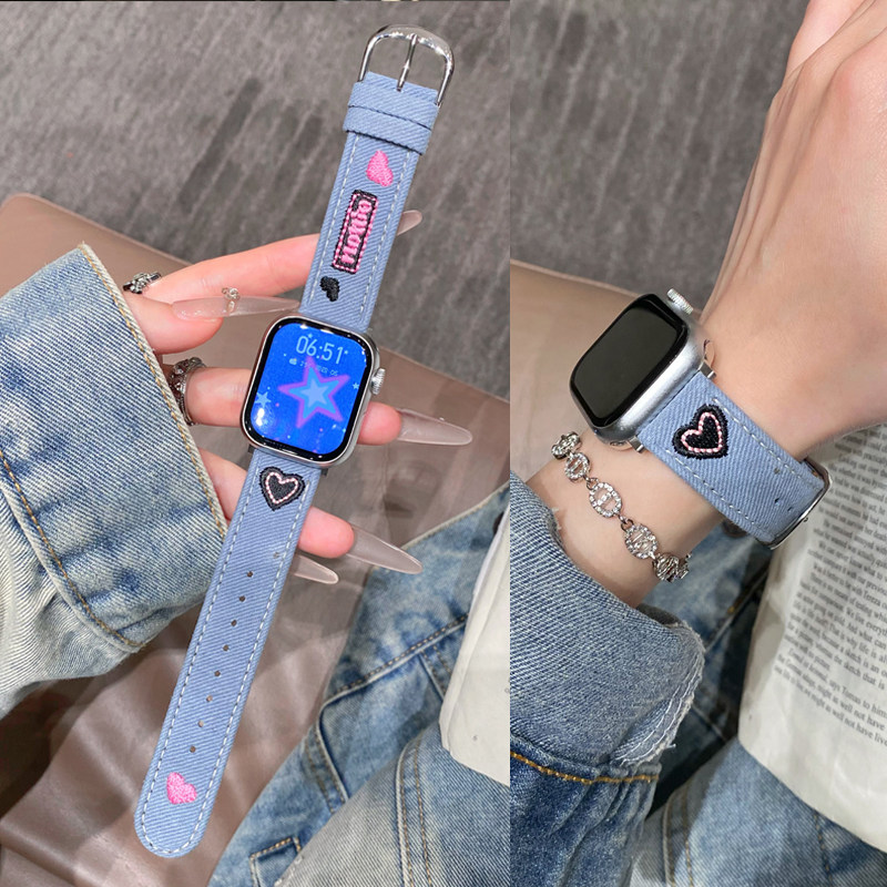 适用苹果S9手表S10表带刺绣牛仔拼皮表带S8/7/6/5/4简约百搭Ultra 3/2 潮款45mm/38/49女款百搭腕带