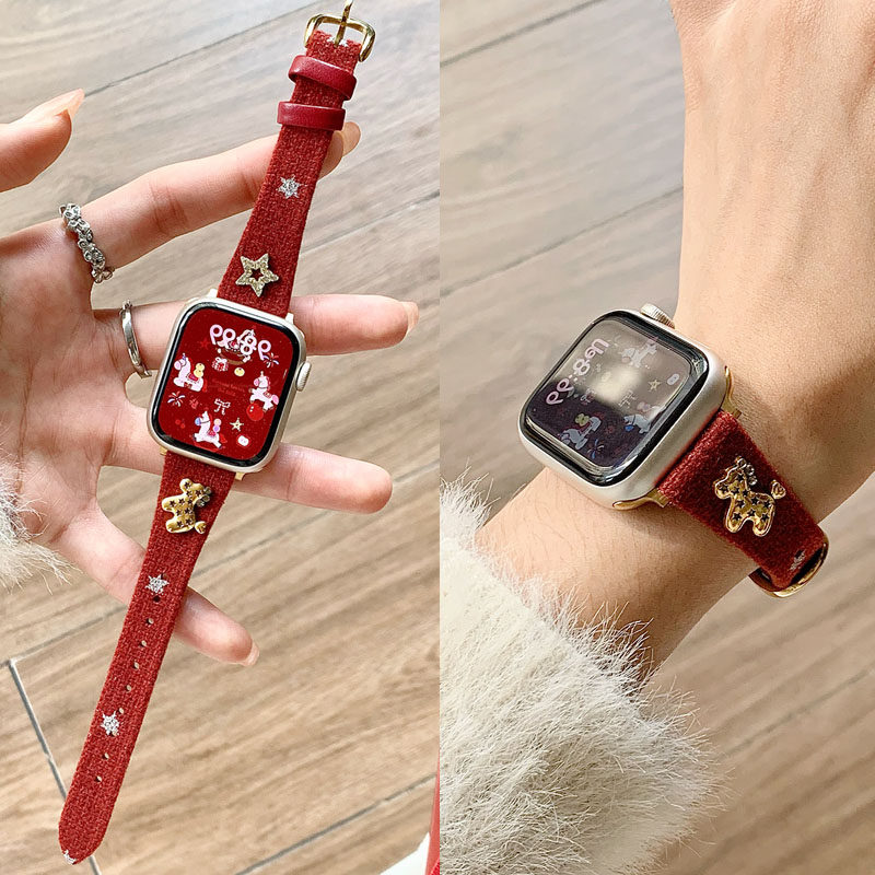 适用苹果iwatch S11代手表S10表带S9876543马年毛呢拼真皮表带SE新年女款腕带Ultra2潮款红色表带,智能设备,智能手表手环表带/腕带,淘宝优惠券,粉丝福利购,淘宝优惠卷
