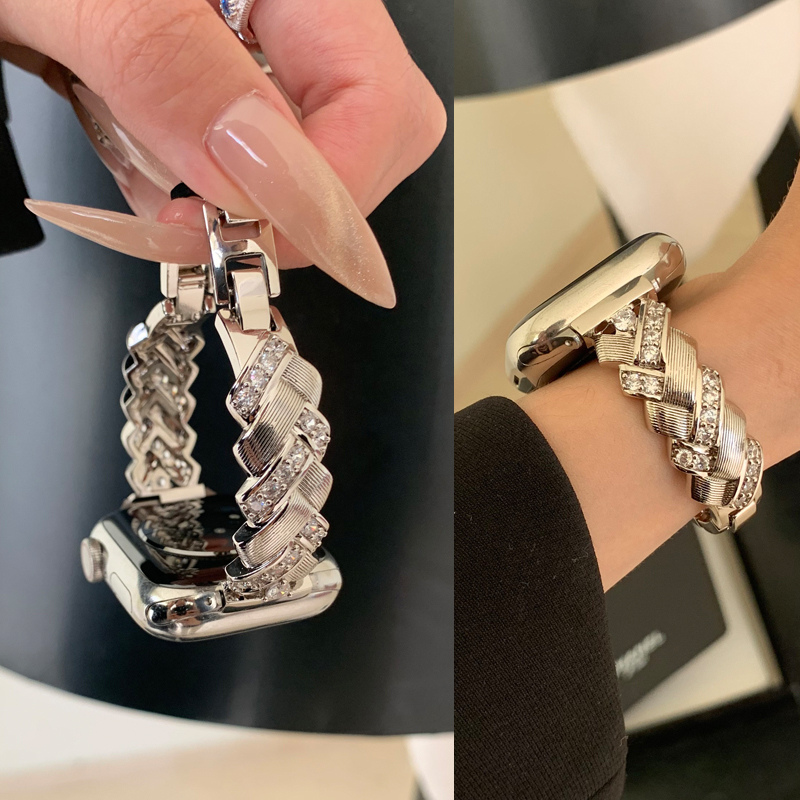 适用苹果iwatch S10表带S98765麦穗锆石手链表带Ultra女款腕带创意小众透气轻奢苹果手表带SE