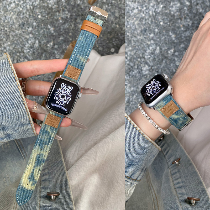 适用苹果S10表带iwatch S9手表S8/7/6/5/4/3水洗牛仔表带Ultra3/2创意时尚简约百搭女款腕带38mm/45/43