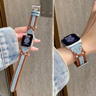 适用苹果iwatch S11代手表S10代表带S987654铆钉牛仔拼皮款表带SE男女新款腕带Ultra2朋克风宽款设计透气