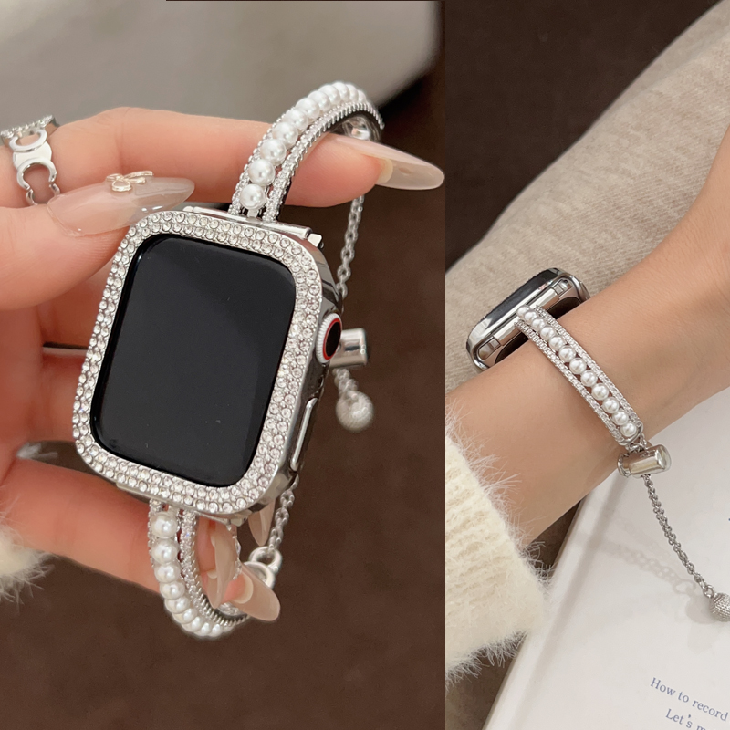 适用苹果iwatch S10表带S9手表S8/7/6/5/4/3/2双排钻珍珠Ultra3 2女款腕带38mm/40/42/46高级感轻奢