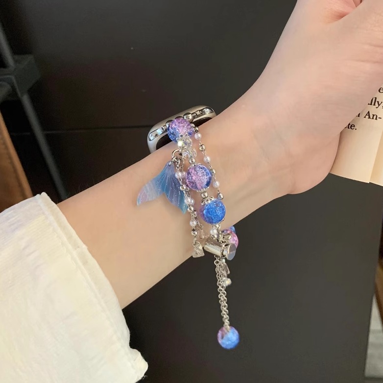 超仙人鱼链表带适用苹果iwatch S10手表S9紫粉色表带S8/7/6/5/4/3吊坠手链式替换带Ultra 3/2创意轻奢简约45