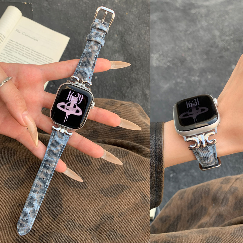 牛仔豹纹真皮表带适用苹果iwatch S10手表S9/8/7/6/5/4/3/SE表带女款细款腕带小众高级时尚轻奢潮