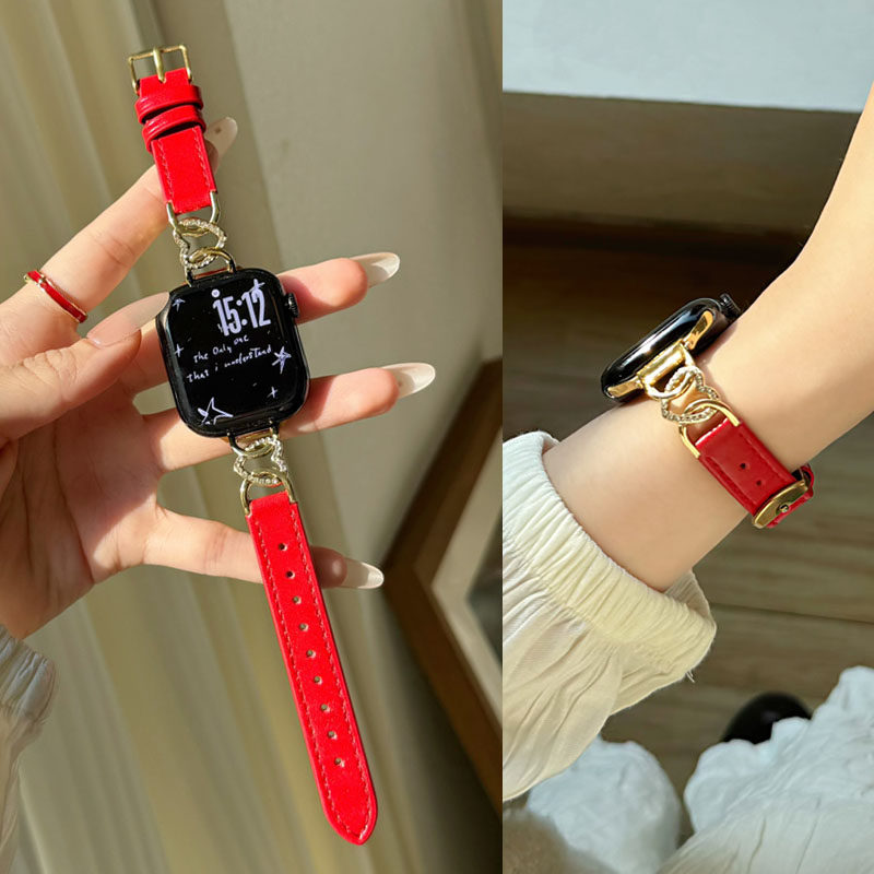 适用苹果iwatch S11代手表S10表带S98765432新年红色真皮表带SE安可拉红Ultar2女腕带新款潮透气