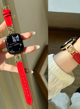 适用苹果iwatch S11代手表S10表带S98765432新年红色真皮表带SE安可拉红Ultar2女腕带新款潮透气