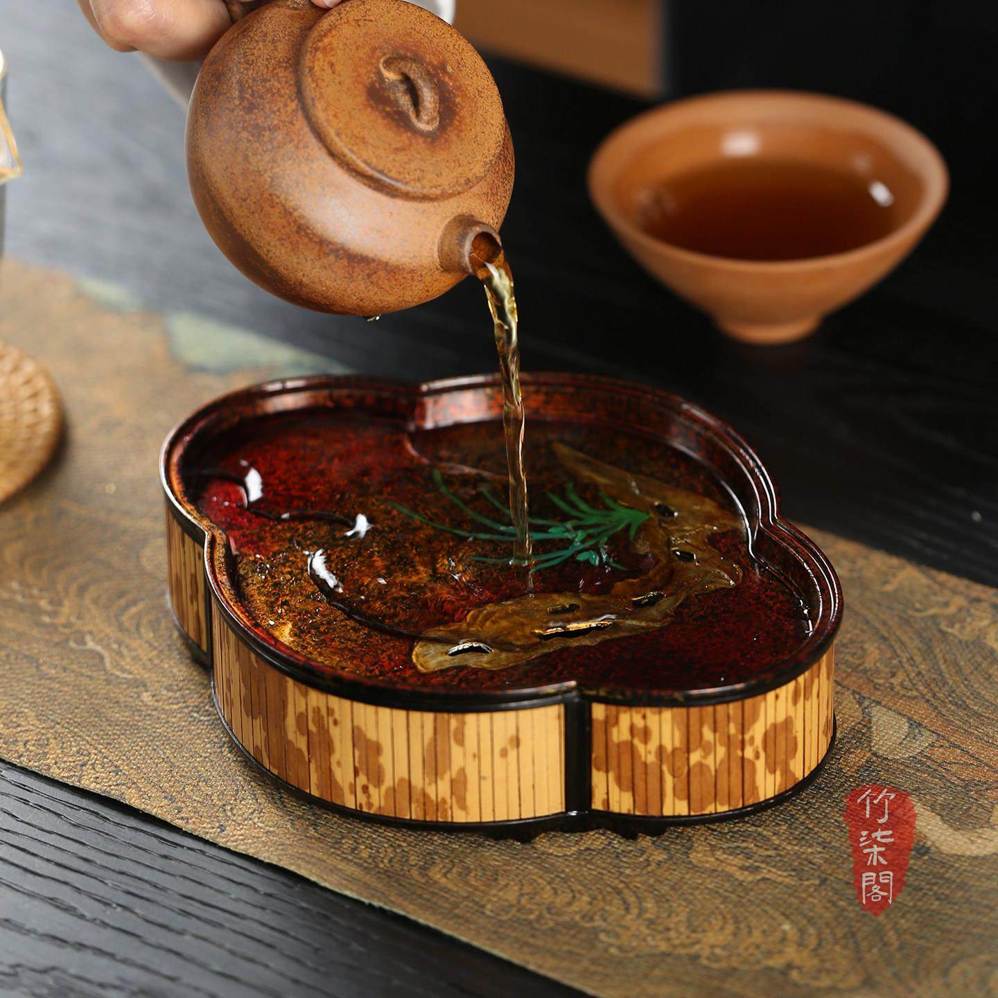 新中式大漆古篱梅妃竹锡海棠壶承竹编茶承储水茶托干泡台茶盘茶具,特色手工艺,竹编/竹雕,淘宝优惠券,粉丝福利购,淘宝优惠卷