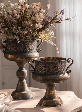 外贸家居饰品仿古做旧铁艺花盆庭院装饰花器双耳干花摆件拍摄道具