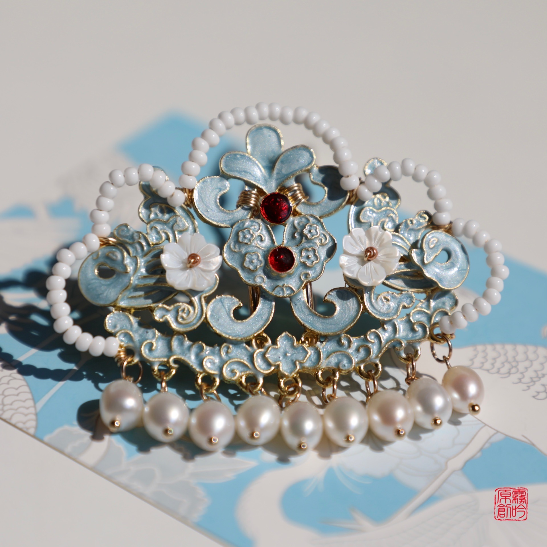 烧蓝小发冠u钗珍珠鸭嘴夹