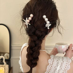 珍珠蝴蝶结水钻发夹边夹侧边女前额碎发刘海夹一字夹子发卡头饰