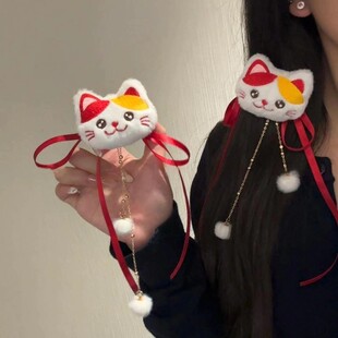 新年发饰可爱招财猫发夹甜美头饰马年喜庆拜年毛球本命年红色发夹