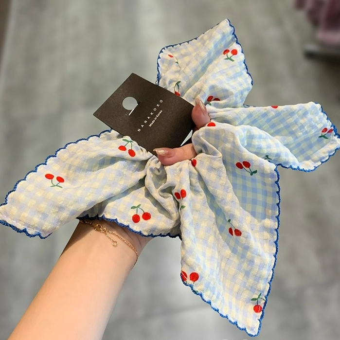 韩系甜美格子樱桃方巾发圈