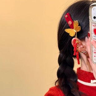 「岁末金蝶」2025新款复古新年红色流苏发夹女刘海夹发卡旅行发饰