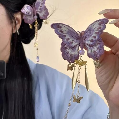 紫色刺绣蝴蝶流苏发夹古风发饰2026新款汉服侧边头发夹子头饰女