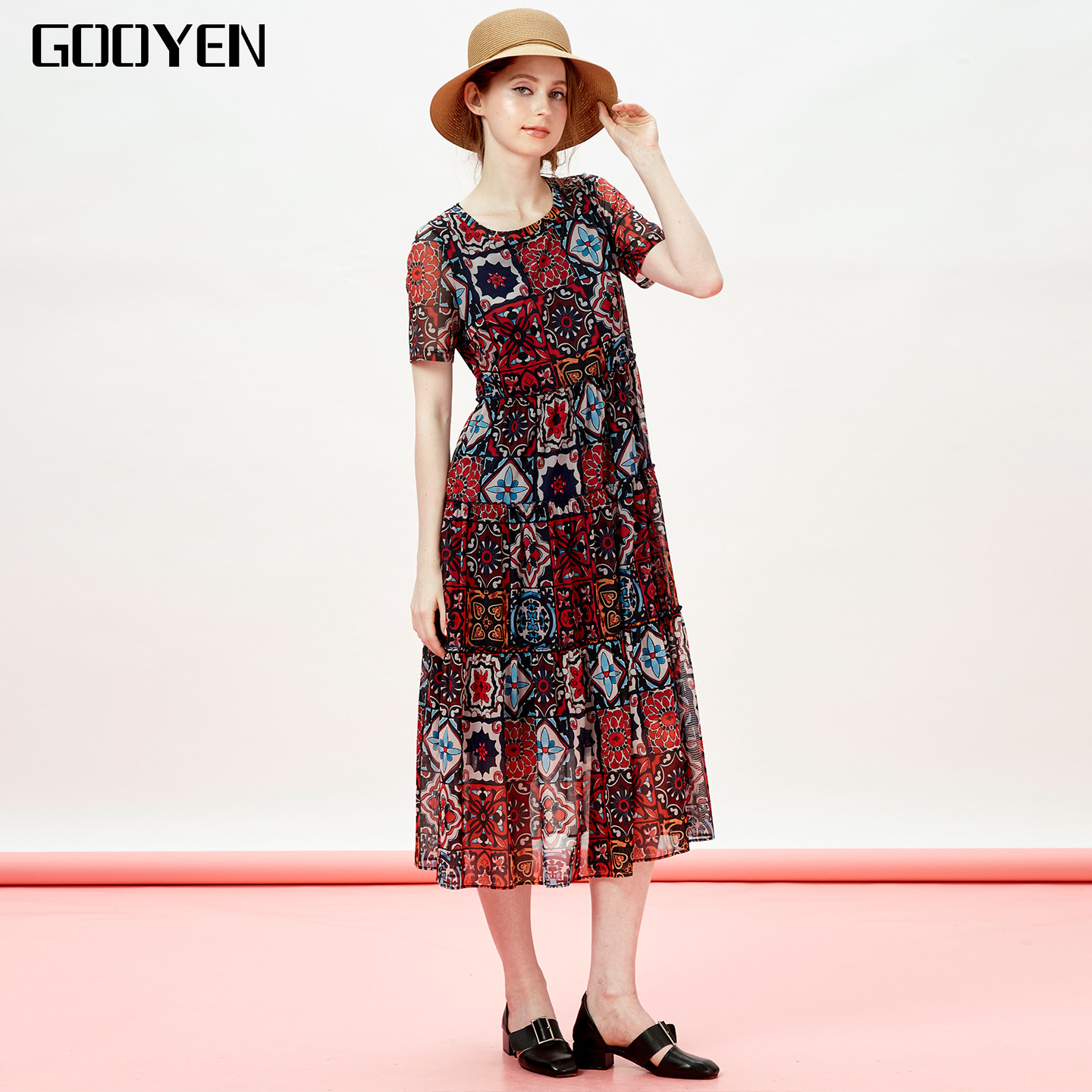 Gooyen古源 专柜正品[锦瑟]夏季轻奢优雅圆领短袖连衣裙