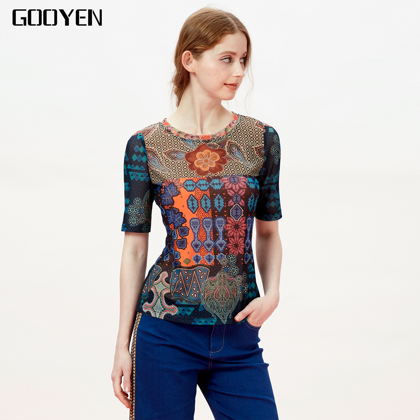 Gooyen古源专柜正品 [风尚]夏季新款轻奢圆领印花T恤休闲服