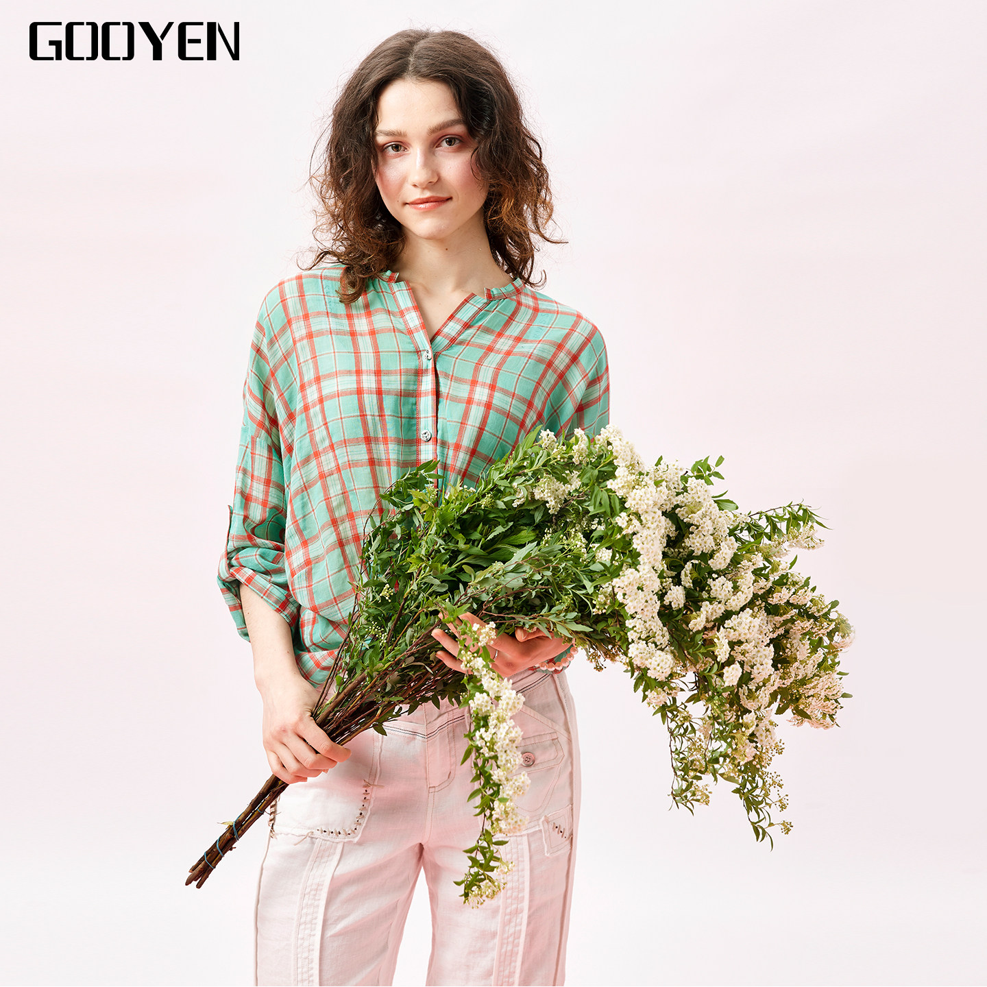 Gooyen|古源 专柜正品 时尚女格纹印花V领格子气质长袖衬衫