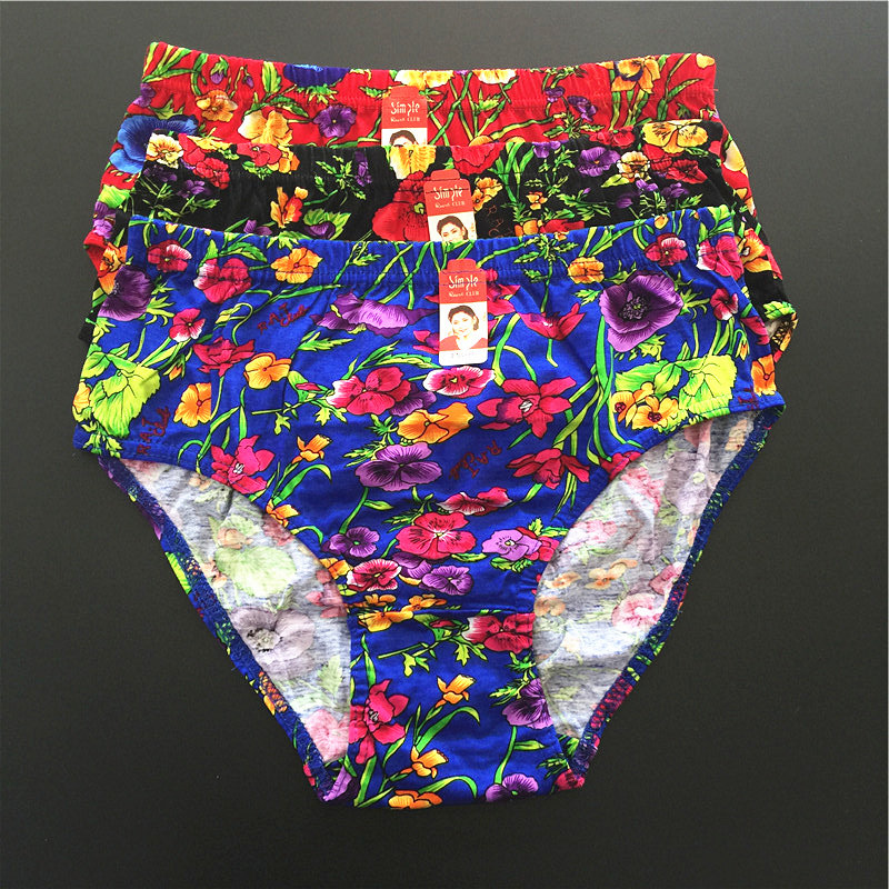 韩版女士内裤纯棉印花中高腰妈咪棉质植物花卉大板舒适中年三角裤