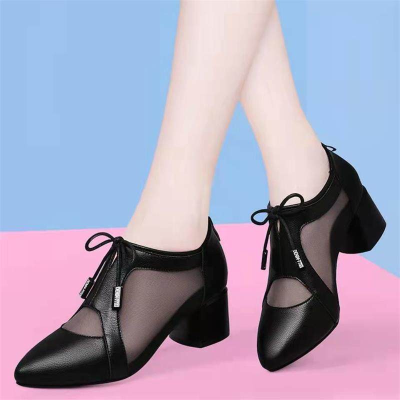 夏季新款a软皮尖头凉鞋女时尚镂空妈妈单鞋粗跟中年女士网纱高跟,女鞋,深口单鞋,淘宝优惠券,粉丝福利购,淘宝优惠卷