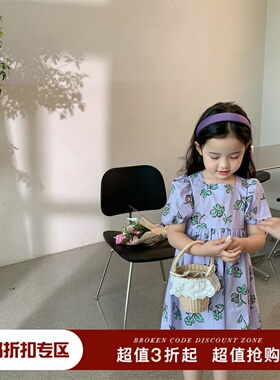 女童裙子2d022夏季新款韩版洋气紫色花朵方领棉质短袖碎花连衣裙