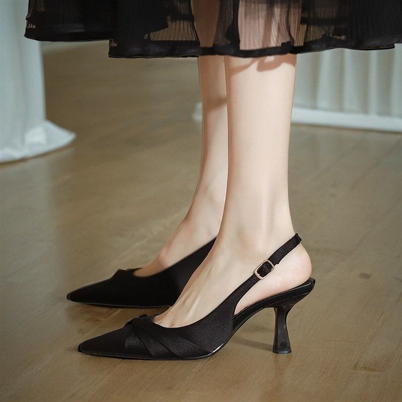 后空高跟鞋女高级感2024新款细跟绸缎I法式婚鞋惠州女鞋软底不累,女鞋,罗马凉鞋,淘宝优惠券,粉丝福利购,淘宝优惠卷