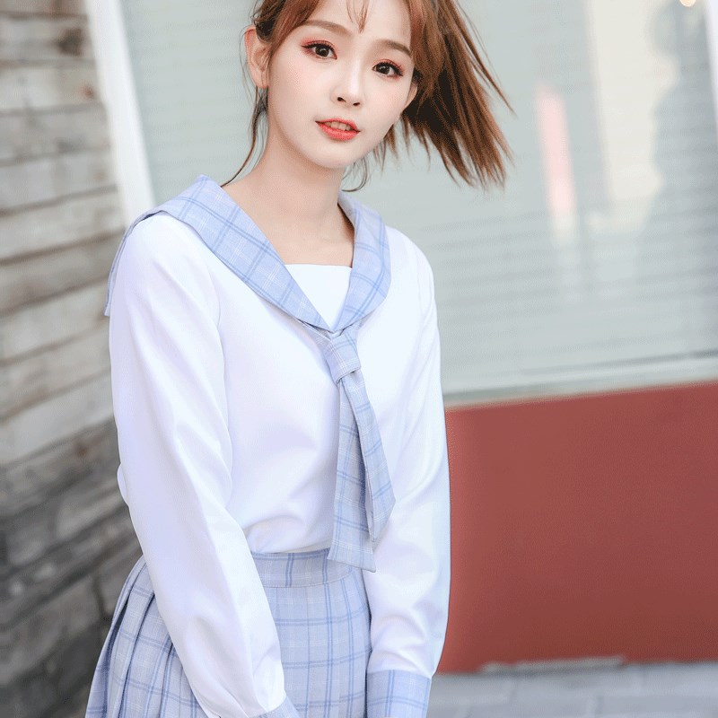 格子长袖水手服百褶裙中s长裙套装清纯校服少女制服打歌服毕业照