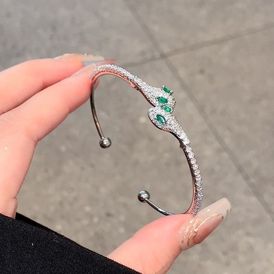 高级感银色小绿蛇形手镯子女生素圈手镯手链轻奢小众精致锆石手环