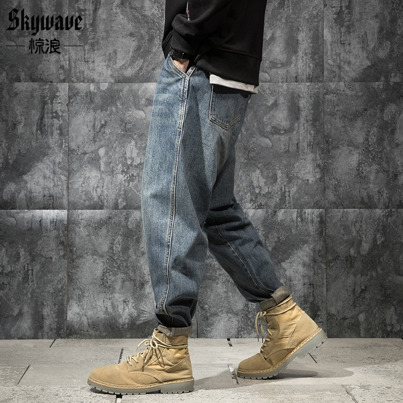 2021秋季新款复古水洗牛仔裤男直筒宽松加肥加大码胖子老爹哈伦裤