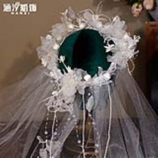 涵汐森系超仙绢纱蕾丝流苏花环头纱头饰结婚影楼旅游道具韩式配饰