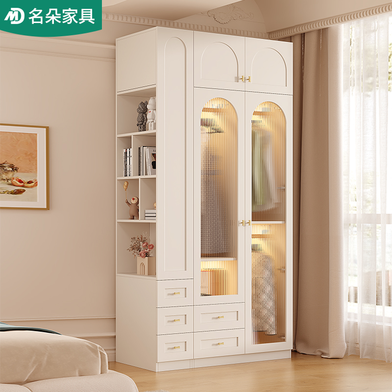 奶油风衣柜组合家用卧室储物柜多功能收纳柜子定制大衣橱带玻璃门