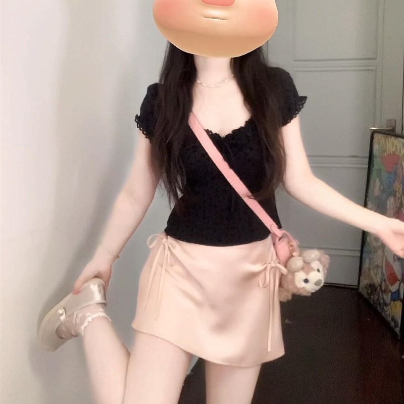 2024夏季e新款大码女装胖mm纯欲风黑色蕾丝上衣通勤半身裙女夏显