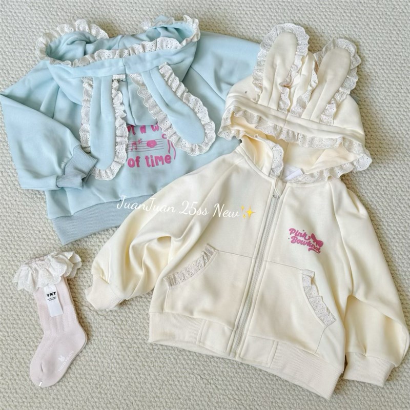 可爱兔耳朵女童春季新款韩版卡通蕾丝边连帽外套休闲女宝上衣长袖