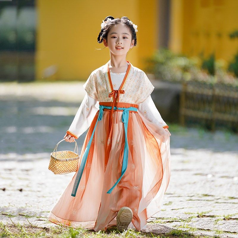 唐婉  女童汉服秋季中国风表演服装秋两件套半袖长裙连衣裙演出服