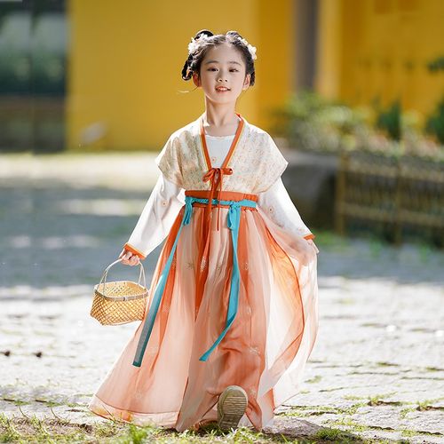 唐婉  女童汉服秋季中国风表演服装秋两件套半袖长裙连衣裙演出服