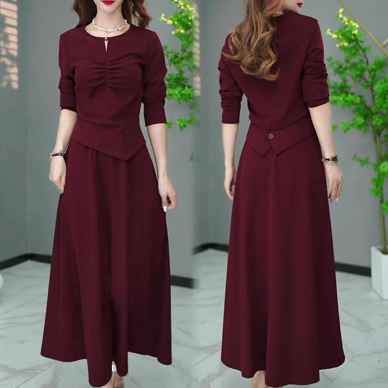 时尚洋气长袖上衣半身裙两件套女2025秋季新款显瘦遮肉法式套装裙