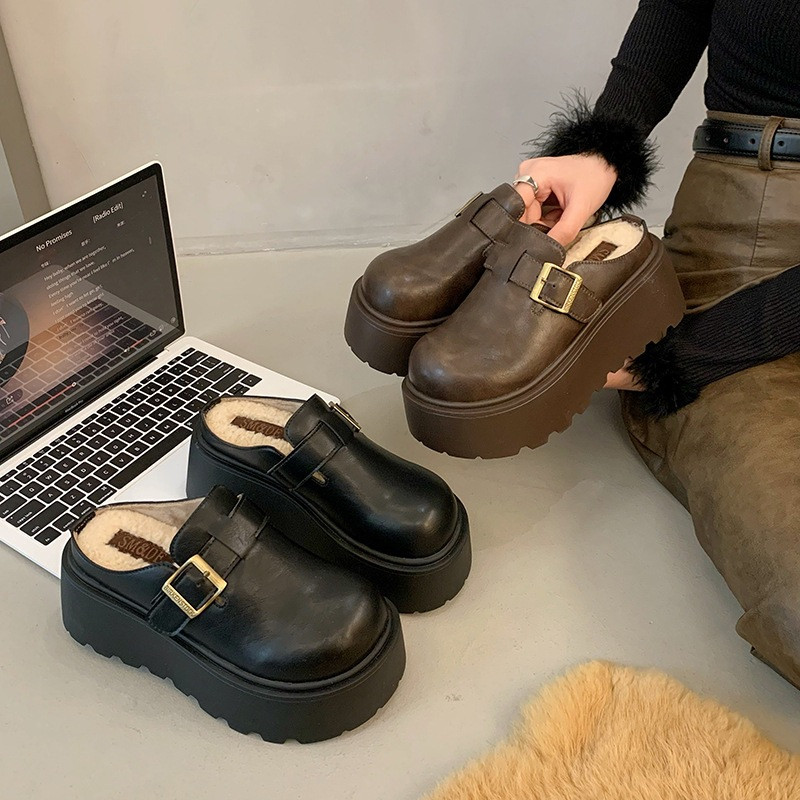 2025新款冬季厚底增高包头半拖鞋女外穿勃肯鞋加绒懒人一脚蹬