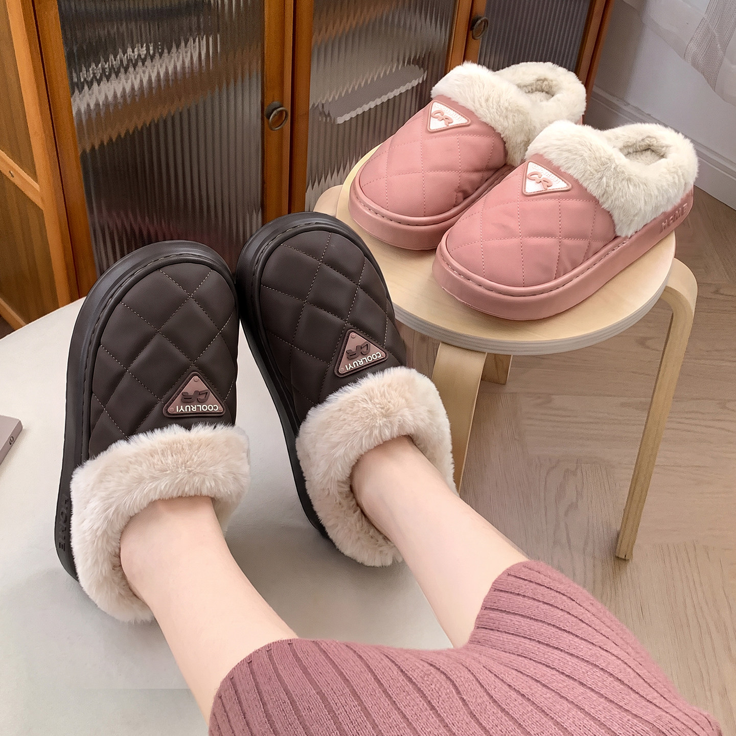 MT-8621菱格皮面棉拖鞋女冬季防水加绒厚底防滑居家情侣毛毛拖