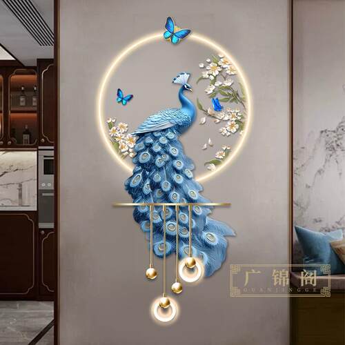 孔雀玄关装饰画高级感立体LED壁灯新中式入户走廊过道挂画2025新