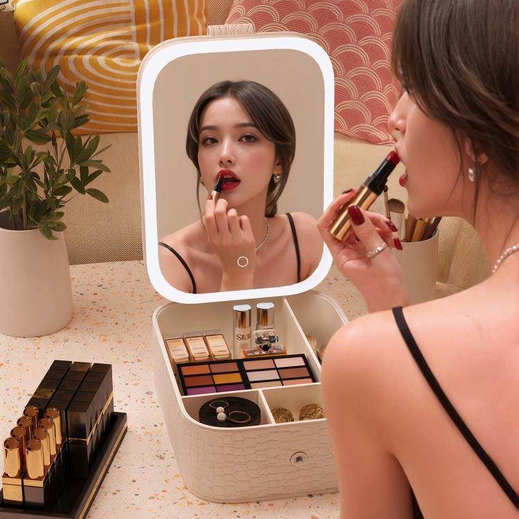 化妆镜收纳盒一体家用梳妆台梳妆镜女生卧室风智能带灯镜子