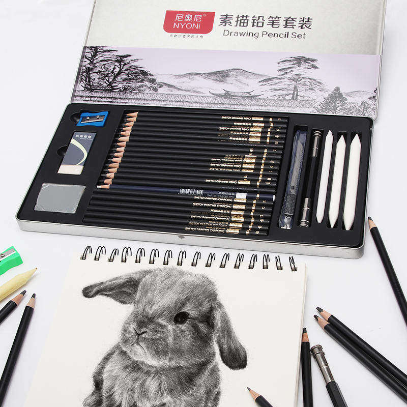 尼奥尼素描铅笔套装美术生初学者手绘素描绘画工具画画入门全套原木铅笔2BHB12b14B软中硬炭笔专业绘画铁盒装