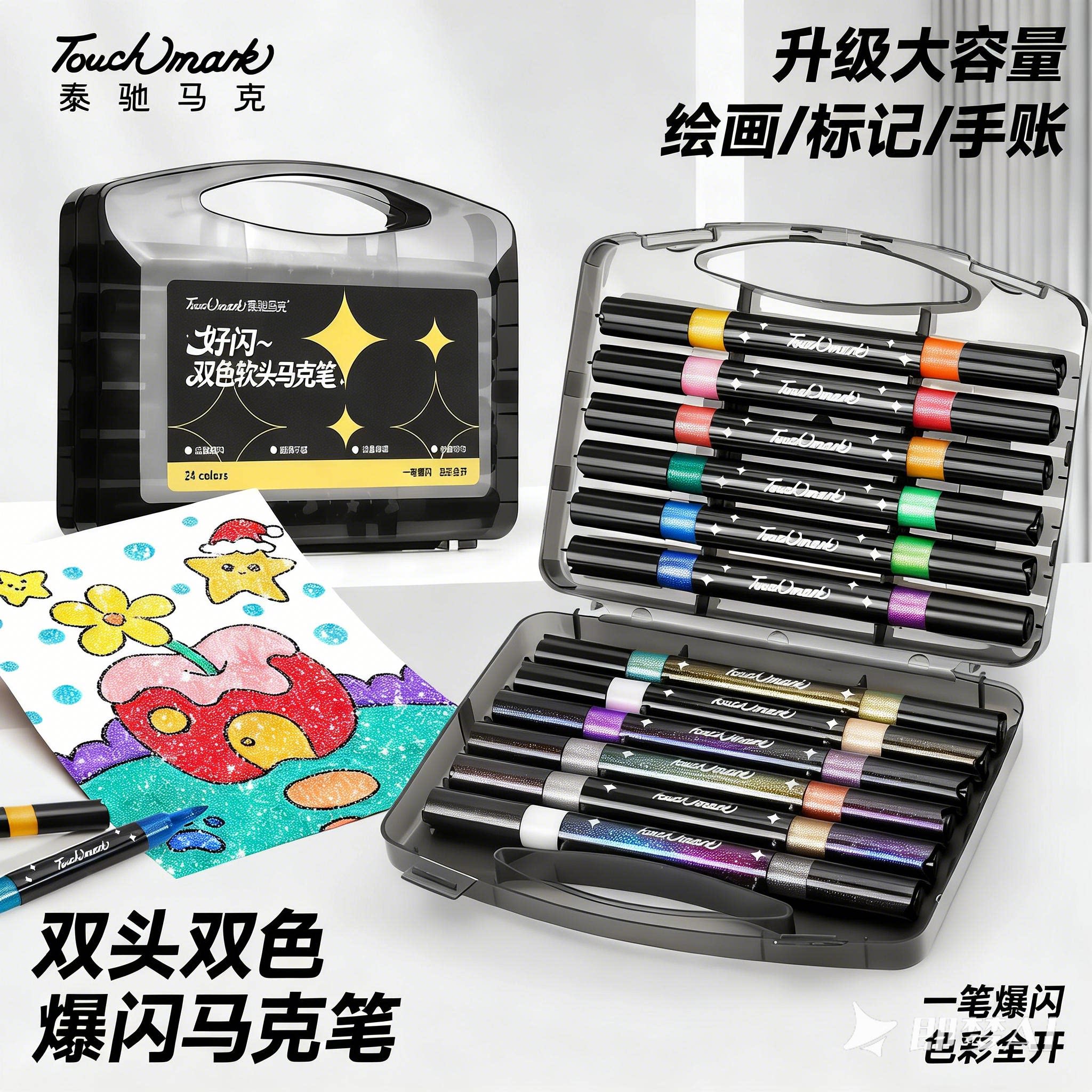 泰驰touch mark闪光马克笔双头双色儿童可洗软头丙烯彩色闪粉水彩笔小学生美术专用幼儿园学生手账绘画闪光笔