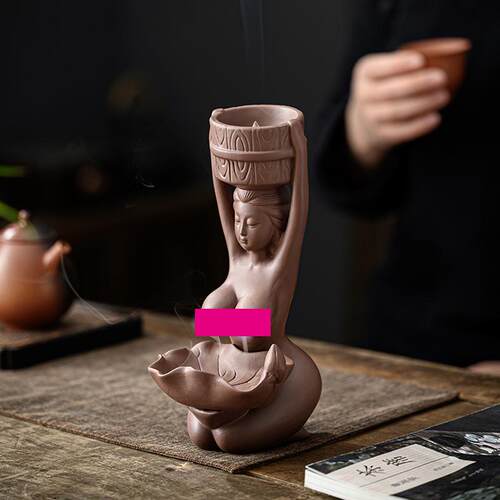 创意陶瓷倒流香炉紫砂茶宠家用美女妹妹观烟云配件趣味桌面摆件