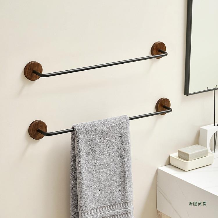 胡桃木卫生间毛巾架中古风免打孔单杆极简浴室毛巾浴巾挂杆置物架