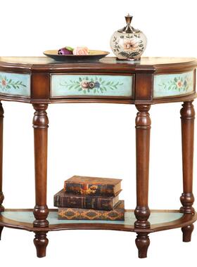 至高美式乡村门厅玄关桌复古彩绘田园装饰柜蓝色半圆桌走廊桌