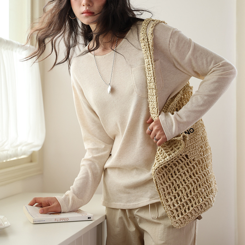 秋冬天丝亚麻打底衫女25新款圆领长袖亲肤宽松口袋上衣莱赛尔罩衫