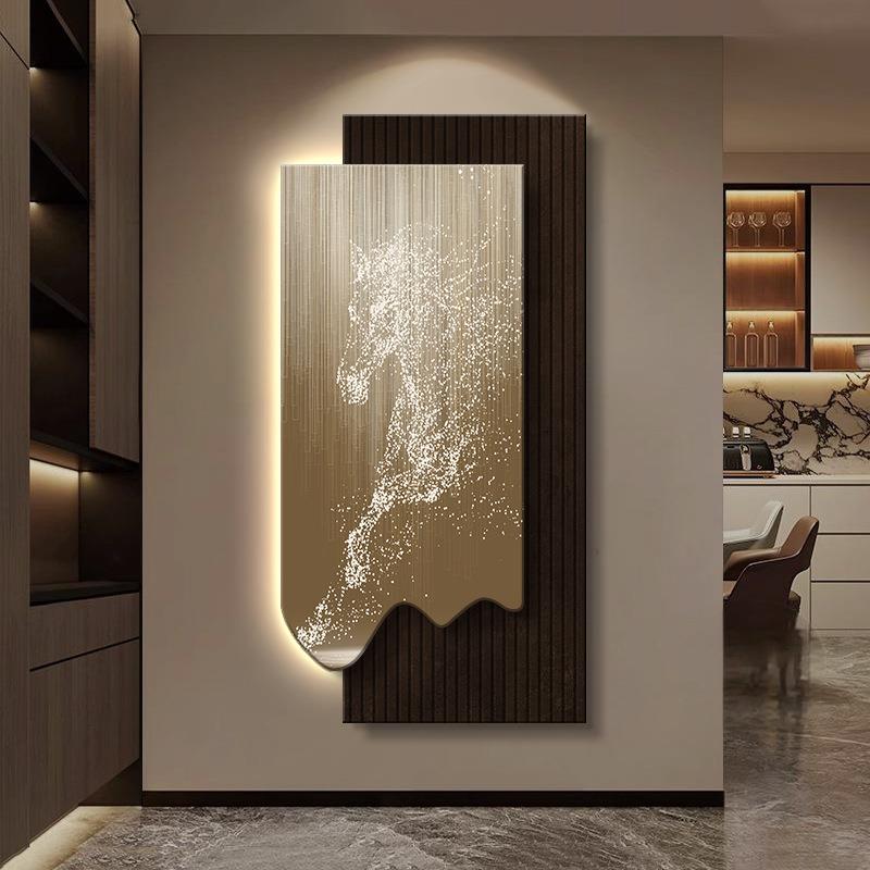 轻奢骏马入户玄关装饰画高级感过道走廊尽头挂画马到成功发光壁画