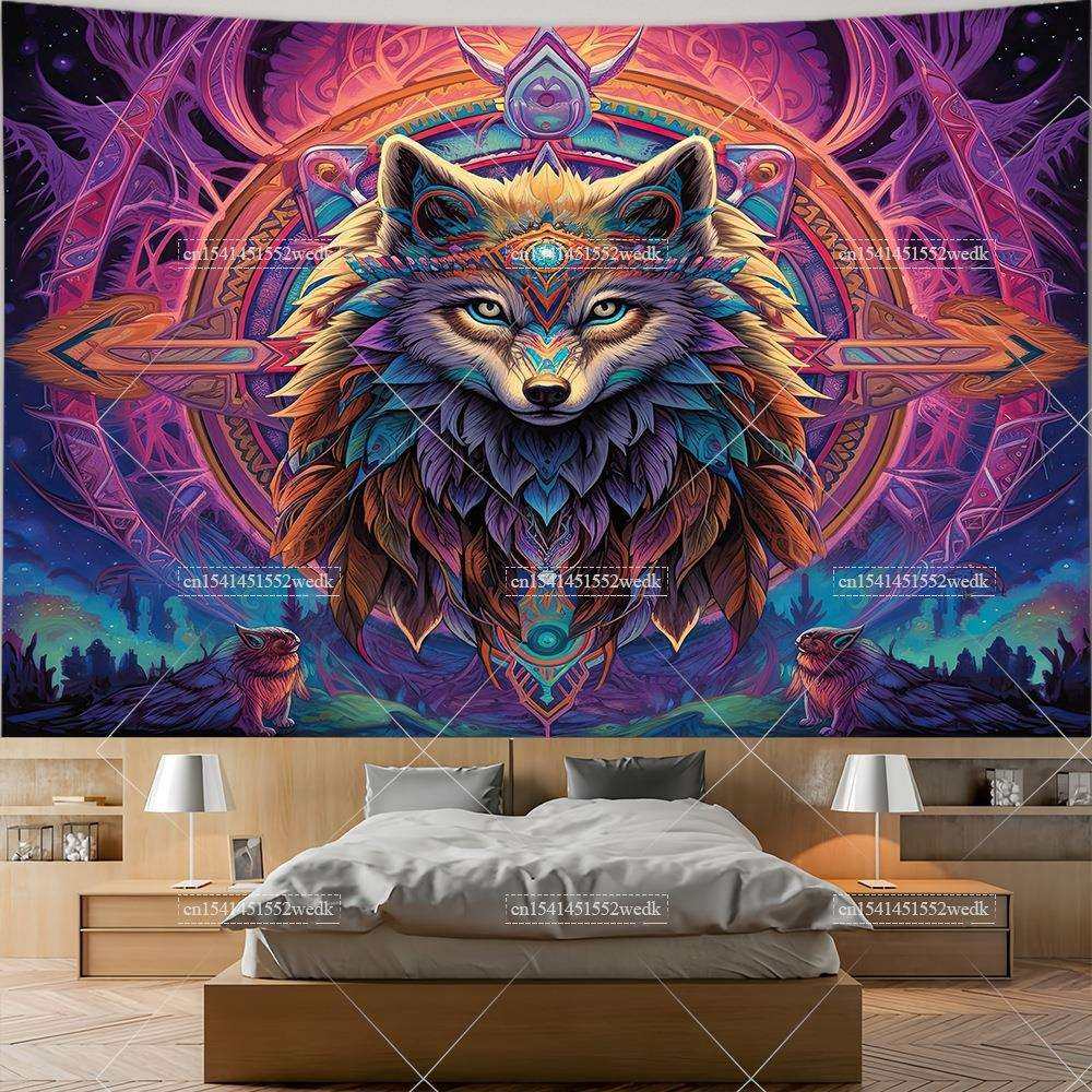 狐狸捕梦网挂毯蘑菇狐狸墙壁挂毯客厅装饰美学猫塔罗牌挂毯背景布