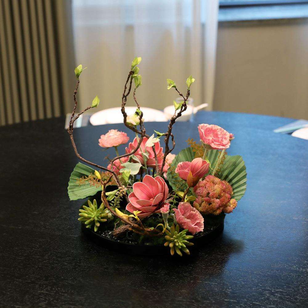 新中式酒店装饰摆件餐厅大圆桌转盘摆花餐桌仿真花会议桌茶几假花