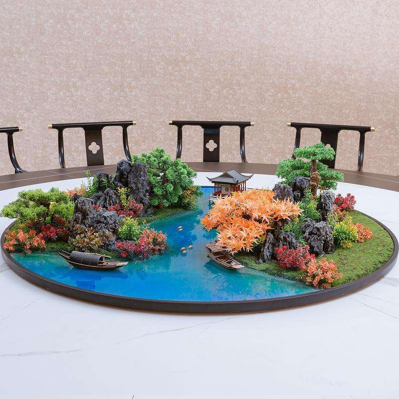 简约大餐桌中间摆花饭店转盘花圆桌装饰品高端山水摆件餐厅仿真花